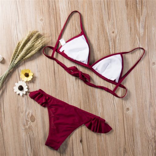 Bikini dos piezas traje de baño olan rojo vino atrás