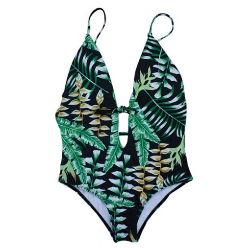 Traje de baño entero verde con estampado tropical