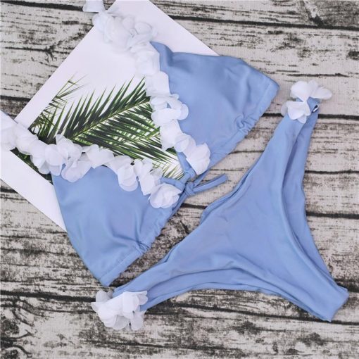 bikini azul dos piezas push up romantico flores