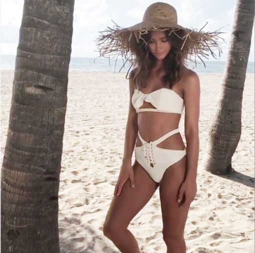 bikini blanco agujetas cintura alta straple push up