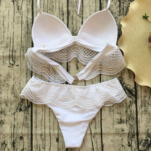 bikini dos piezas blanco encaje push up cuello halter