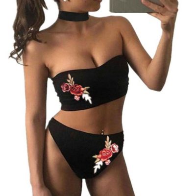 traje de baño cintura alta bikini bordado rosas dos piezas choker