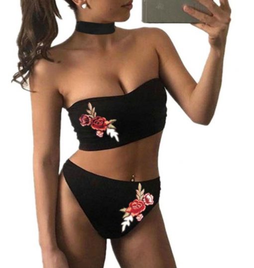 traje de baño cintura alta bikini bordado rosas dos piezas choker