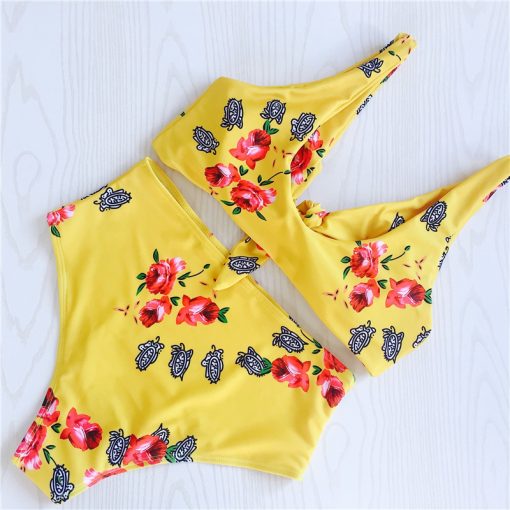 traje de baño dos piezas amarillo estampado tropical push up cintura alta