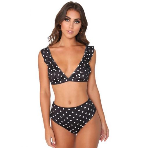 traje de baño negro puntos blancos olanes bikini