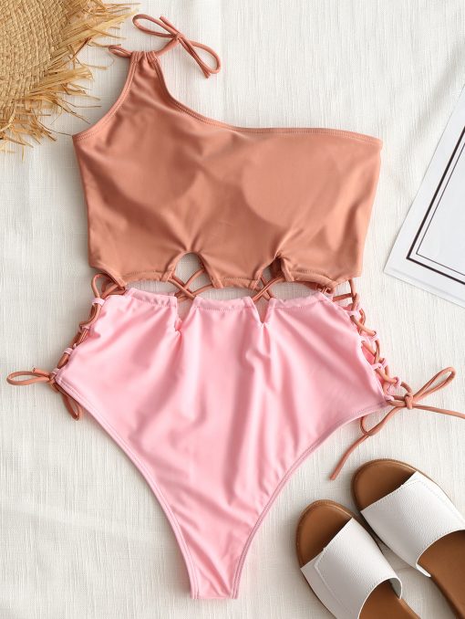 Traje de baño un hombro colores cremas